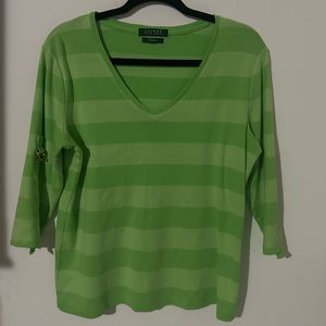 Women’s Lauren Ralph Lauren Green Striped Shirt Gold Buckle 3/4 Sleeves